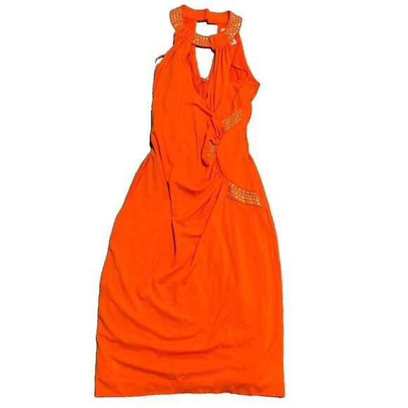 Caché cache y2k dress orange halter style ruched waist gold metal circles size S - Picture 1 of 8